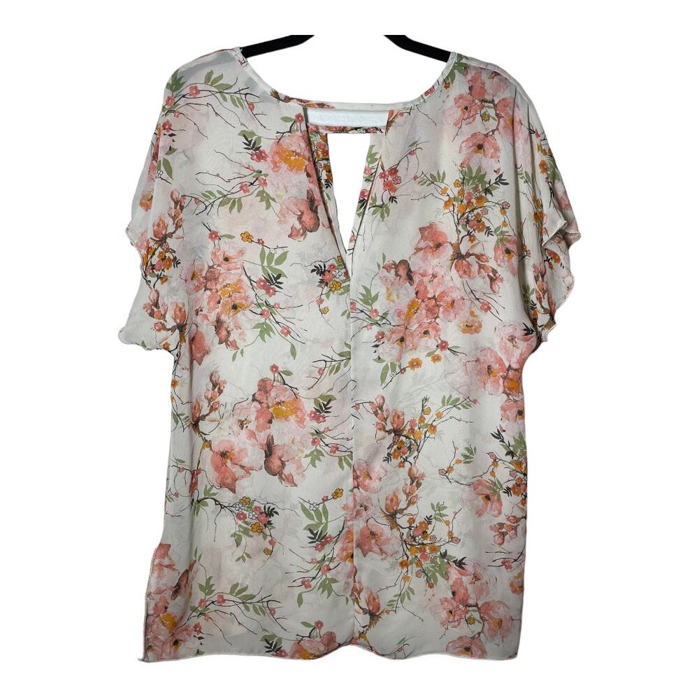 Kay Celine Floral Blouse Top Cut out Sheer Short Sleeve Medium V-Neck